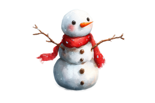 Charming watercolor snowman with red scarf and twig arms, perfect for festive holiday designs