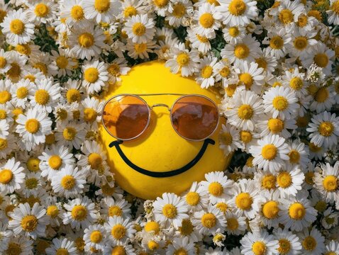 Smiling Yellow Emoji Face Wearing Sunglasses Surrounded by White Daisy Flowers Blooming Under Bright Sunlight