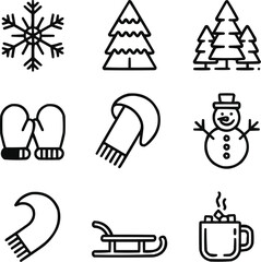 Winter Landscape Outline Icons – Snow, Forest, and Holiday Elements