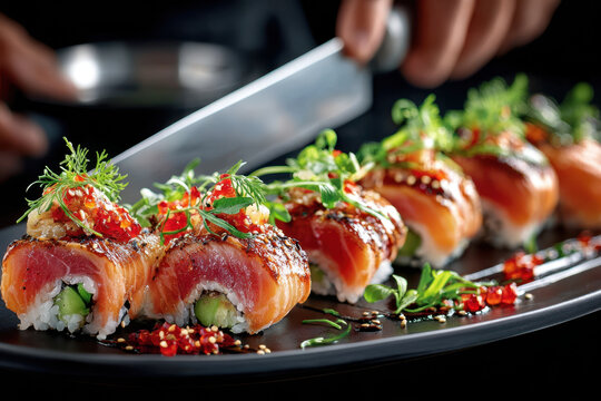 Closeup of Chef Slicing Delicious Salmon Sushi Rolls on a Black Plate