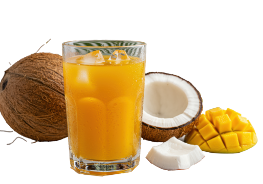 Chilled glass tumbler with viscous mango juice, square ice cubes, condensation, next to coconuts and a blurred green palm leaf. Concept of intense tropical refreshment