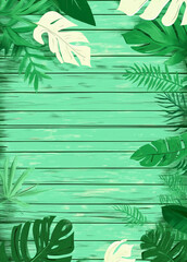 Environmental conservation background with green wood wall and tropical leaves