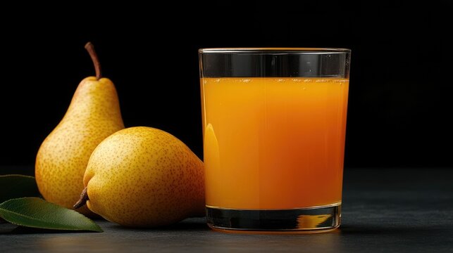 Close up shot of sweet pear juice spilling into a glass surrounded by freshly picked pears and a drizzle of honey  This image captures the natural goodness and artisanal appeal of a homemade