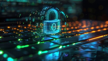 Digital padlock hologram over illuminated keyboard symbolizing cybersecurity, data protection, and online privacy. Concept of secure technology and information encryption.