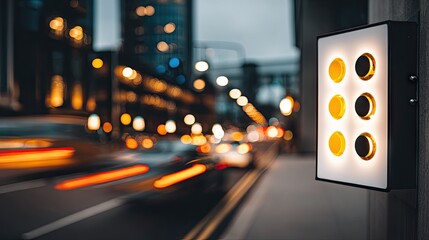 Illuminated sign with yellow circles on city street.
