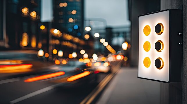 Illuminated sign with yellow circles on city street.