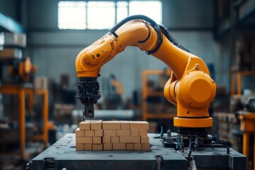 selective focus industrial robot stacking bricks