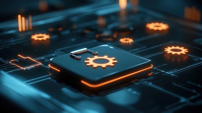 Close-up of glowing gear icon on circuit board
