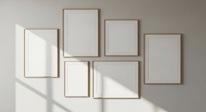 Illustration of six empty frames hang on the wall with sunlight shining on them