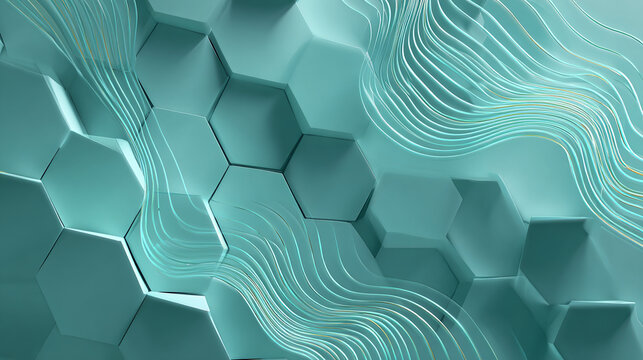 Abstract turquoise hexagonal cells with wave design, representing technological or natural elements