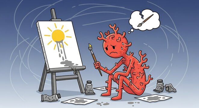 Melancholy Virus A Cartoon Depiction of Artistic Frustration and Creative Block.