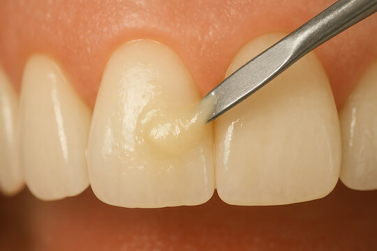A detailed close-up of a dental professional applying bonding material to the surface of a patient&rsquo;s tooth during a cosmetic dentistry procedure.