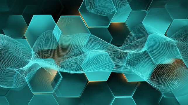 Abstract digital hexagons in a sea green color with intricate line work and blurred effect. 
