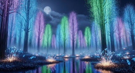 Enchanted Forest: Luminous Trees, Moonlit Stream, and Sparkling Flora