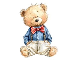 Charming watercolor teddy bear in polka dot bow tie and suspenders sits playfully