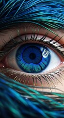 A stunning macro illustration of a vibrant blue human eye surrounded by delicate feathers against a mysterious Blue Background