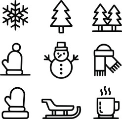 Winter Landscape Outline Icons   Snow, Forest, and Holiday Elements