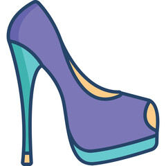 A high heel shoe with a peep toe design in purple and teal colors against a transparent background perfect for fashion and accessory concepts