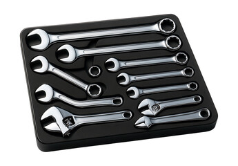 Variety of wrenches in a foam-lined case, ideal for a mechanic's workspace.