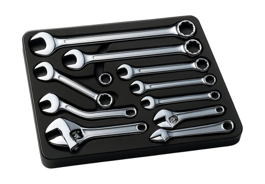 Variety of wrenches in a foam-lined case, ideal for a mechanic's workspace. - Powered by Adobe