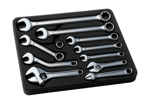 Variety of wrenches in a foam-lined case, ideal for a mechanic's workspace.