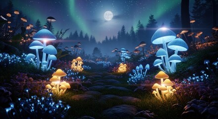 Enchanted Forest Path: Glowing Mushrooms Under Northern Lights and Moon