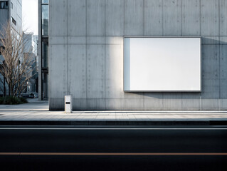 Blank white billboard mounted on concrete urban wall with modern architecture in background. Minimal outdoor advertising mockup with clean structure, strong backdrop, and clear copy space.