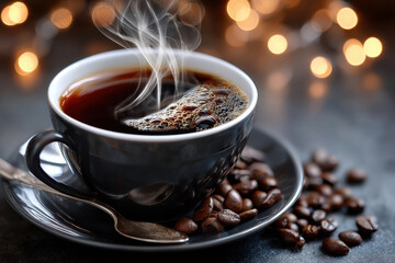 Steaming black coffee with coffee beans and festive lights