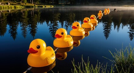 A line of yellow rubber ducks floating on a calm lake at sunrise.