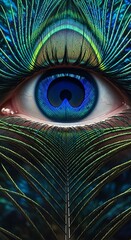 Close-up of a striking blue eye surrounded by iridescent peacock feathers against a dark backdrop