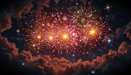 Vibrant and colorful fireworks display illuminating a dark night sky with dramatic clouds, perfect for festive celebrations and events