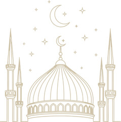 Elegant mosque outline with crescent moon and stars on a clean white backdrop