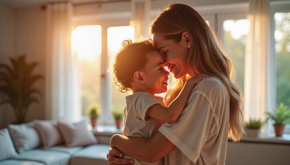  Mother and child embracing at sunset in living room