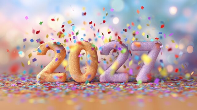 New year celebration 2027 festive atmosphere colorful confetti joyful event vibrant view