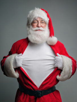 Santa Claus in traditional red outfit pulling open coat to reveal plain white T‑shirt against neutral gray background. Festive apparel mockup blending iconic costume with modern casual style.