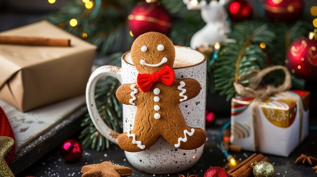 Cheerful Gingerbread Man in Festive Hot Beverage for Christmas