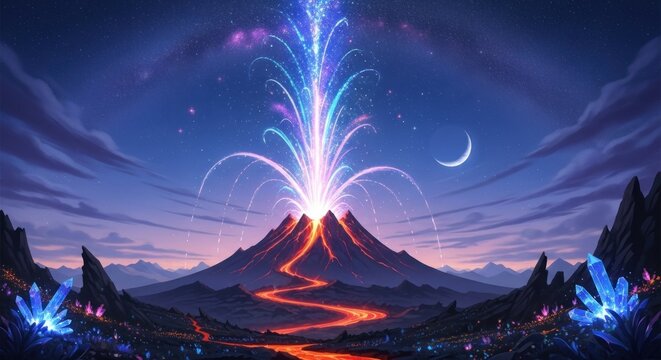 Erupting Volcano Under Starry Sky with Crystals and Lava River - Powered by Adobe