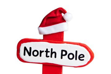 Whimsical 3d illustration of the north pole signpost with red and white santa hat, symbolizing christmas magic and santa's workshop