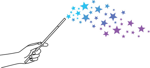 Hand holding magic wand casting blue and purple stars on a white background