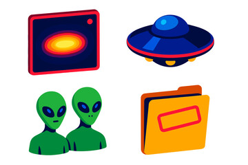UFO Evidence Icons. Isometric vector illustration set UFO Encounter Evidence: Blurry photo with glowing object, classic flying