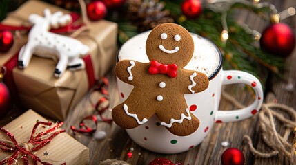 Obraz premium Cheerful Gingerbread Man in Festive Hot Beverage for Christmas