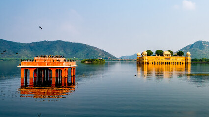 Evening photograph of Jal Mahal, the water palace, is located in the Pink City of Jaipur,...