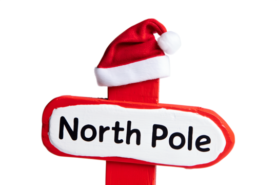 Whimsical 3d illustration of the north pole signpost with red and white santa hat, symbolizing christmas magic and santa's workshop