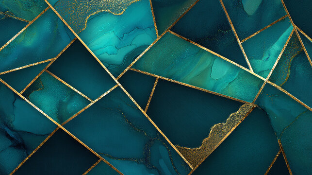 A luxurious abstract composition featuring geometric patterns with teal and gold accents, exuding a sense of opulence and sophistication