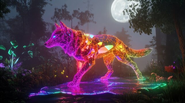 Neon wolf in a vibrant forest at night