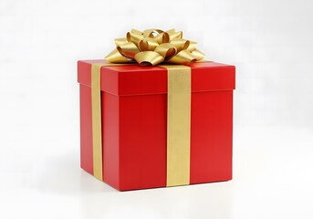 Fototapeta premium A red gift box with a gold ribbon and bow on a white background studio