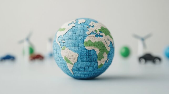 Digital of a globe surrounded by various eco friendly icons and symbols representing renewable energy sources electric vehicles and other sustainable technologies