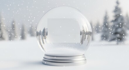 A clear snow globe with a blank space, set in a snowy winter landscape with falling snowflakes.