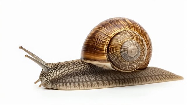 A common garden snail, a terrestrial gastropod mollusk, slowly navigates a pristine white surface, showcasing its distinctive spiral shell and textured body. Its delicate eyestalks extend forward as i