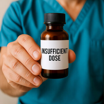 Close up of hand holding insufficient dose bottle in blue scrubs